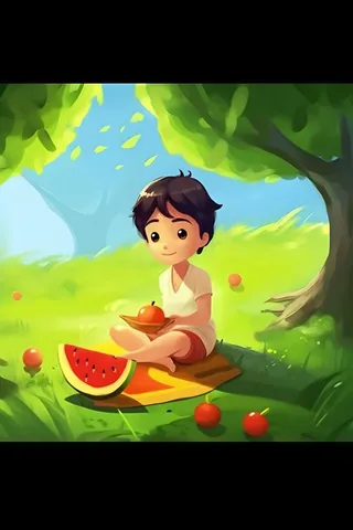 夏日人物水果树荫乘凉插画素材背景