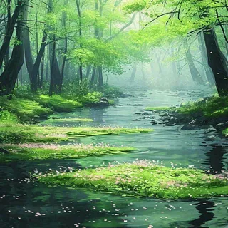 春天绿树成荫的树林里面小溪溪水飘着树叶和花瓣