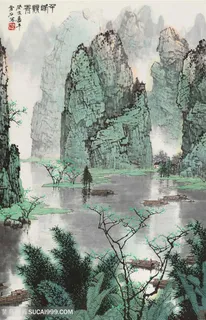 白雪石巍峨山脉湖畔美景装饰画