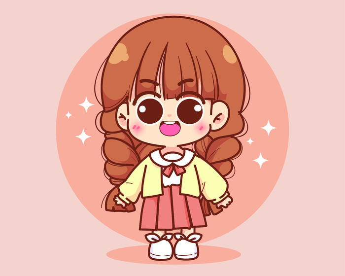 可爱手绘麻花辫小女孩