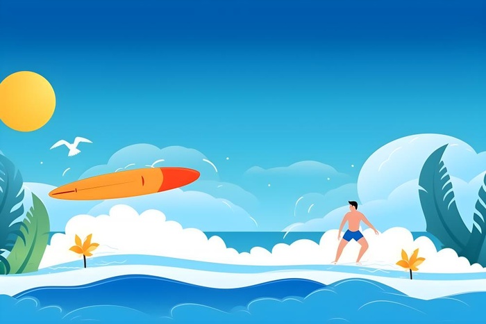 夏日海边海浪冲浪人物蓝色插画背景