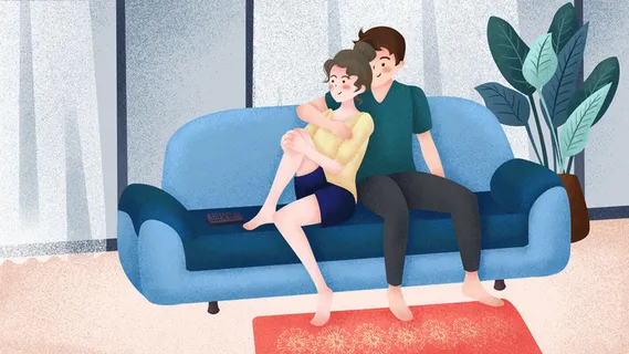 沙发上的甜蜜情侣插画PSD素材