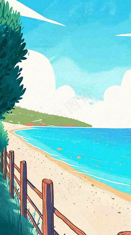 海边沙滩玩耍旅行夏日假期游玩手绘插画，可爱清新，夏至小暑大暑(816x1456)