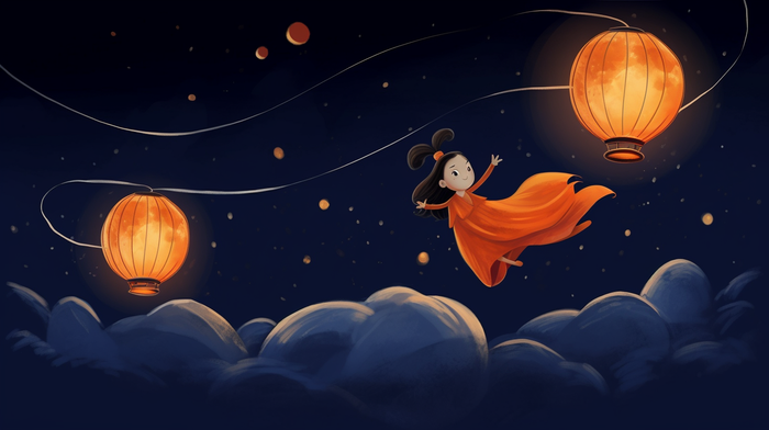 夜晚红灯笼白兔卡通插画素材