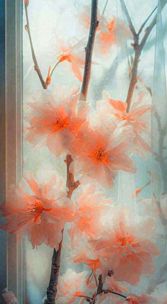 春天窗台橙色渐变鲜花，朦胧枝叶，春节立春(816x1488)
