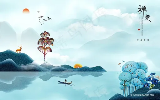水墨禅意湖畔风景画 水墨禅意湖畔风景画