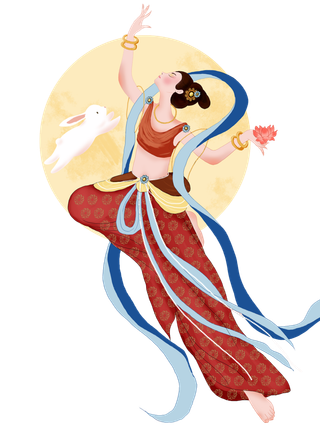 嫦娥中秋奔月玉兔节日飞天敦煌手绘卡通月饼免扣