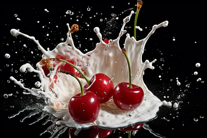 水果牛奶碰撞融合车厘子液体撞击迸射瞬间摄影图