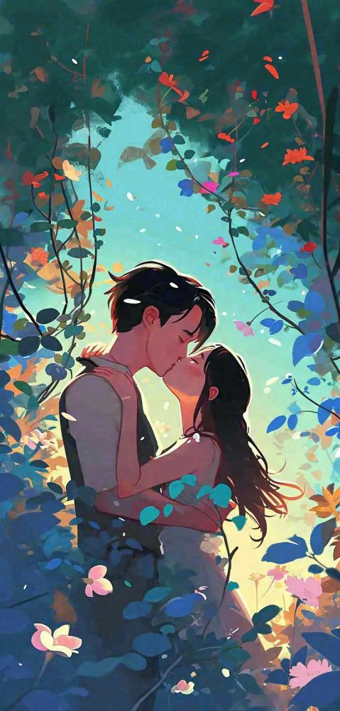 森林花丛里情侣拥抱亲吻爱情手绘插画，情人节(752x1568)