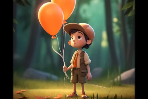 拿着气球的男孩阳光森林草地背景