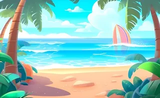 海边度假沙滩椰树冲浪天空插画背景