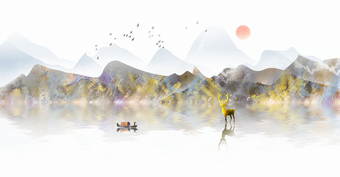 日出山川湖水风景画PSD素材