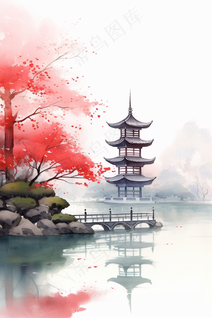 国风水墨画山水花卉唯美插画背景