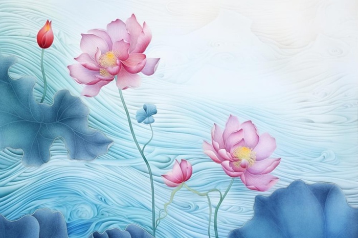 简约大气粉色鲜花蓝色水背景