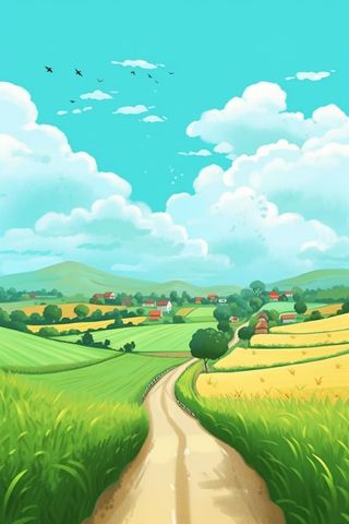 田园小路屋子小麦山脉背景