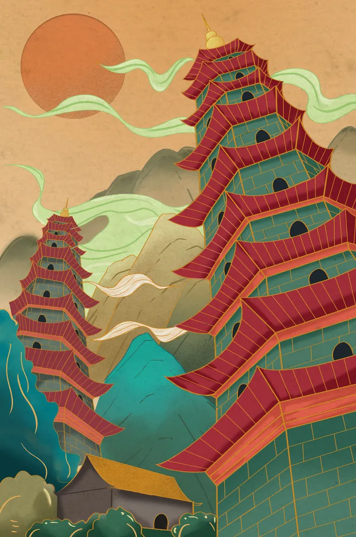中国风国潮烫金仙鹤山水古建筑风景装饰插画背景PSD分层设计素材psd模版下载