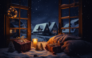 圣诞装饰喜庆礼物红色窗外下雪摄影图