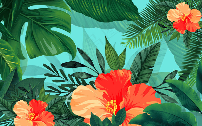 手绘花朵绿色风景