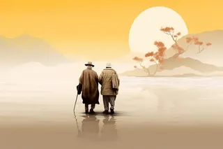 老人行走大气水墨背景