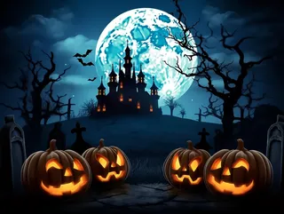万圣节南瓜灯蝙蝠城堡恐怖夜晚插画背景