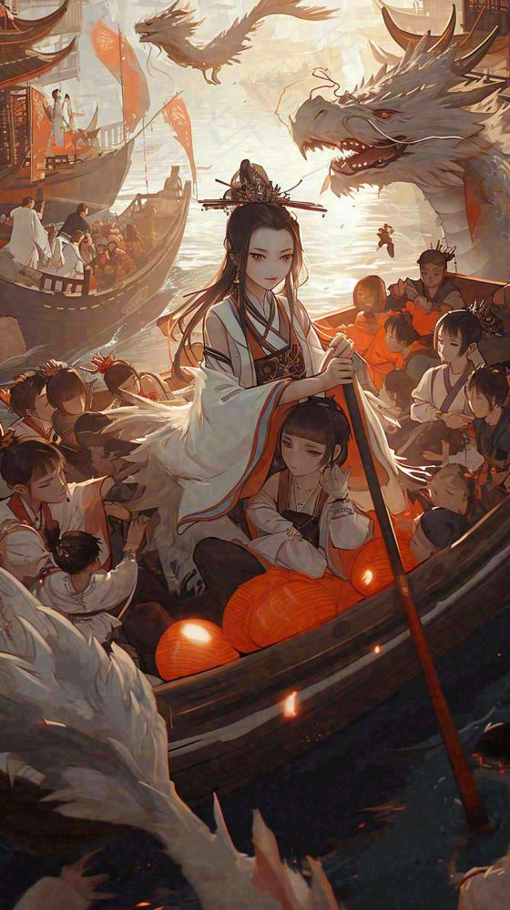 古风恐怖怪兽龙河面灯笼建筑插画，暗黑(816x1456)