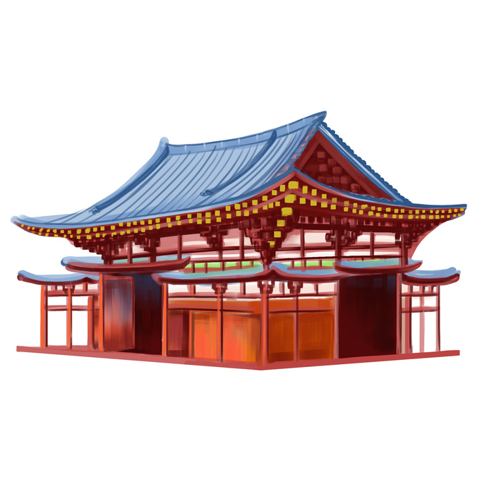 复古中国风国潮古建筑插画手绘高楼古塔PSD素材亭子png免抠图psd模版下载