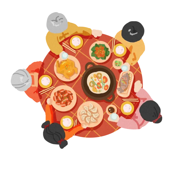 虎年新年场景套图年夜饭手绘小清新
