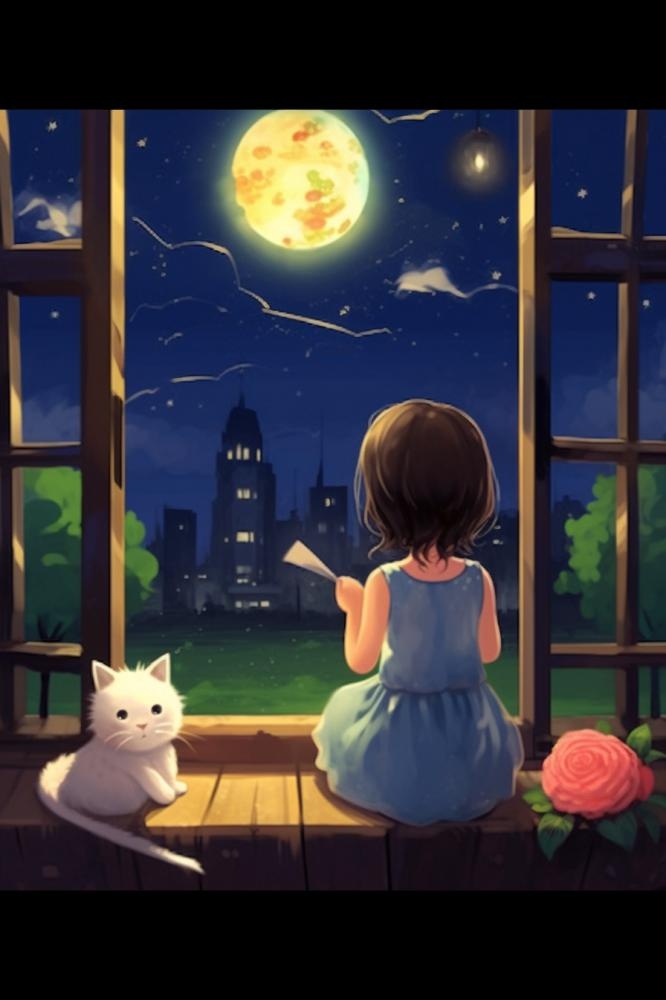 夜晚坐着窗边赏月的女孩猫插画背景
