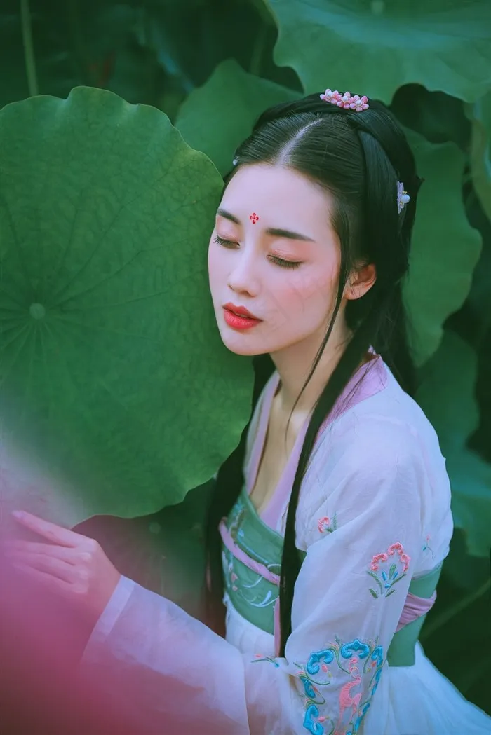 俯在荷叶上的古装美女图片
