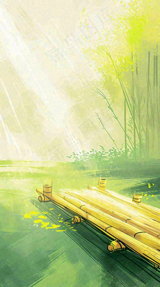 夏日森林丛林阳光绿色河面草丛树木手绘插画，夏至小暑大暑(816x1456)