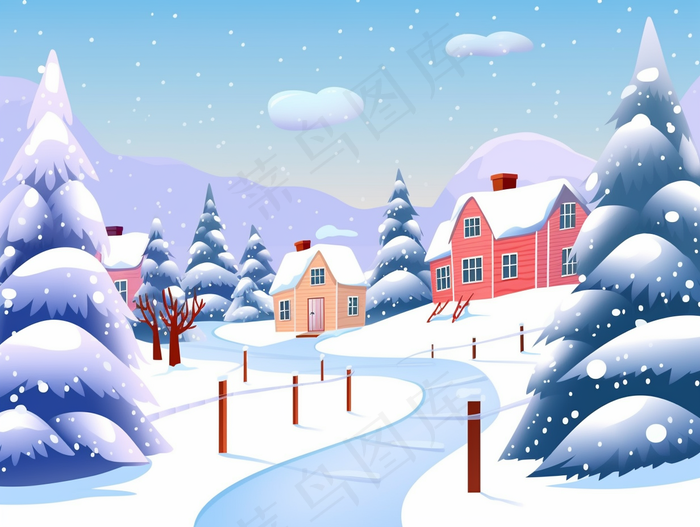 冬季白雪覆盖村庄和大地自然风景卡通插画素材背景(3696x2784)