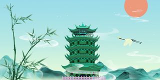 中国风国潮古建筑地标城市古风建筑阁楼印象地标手绘插画PSD素材