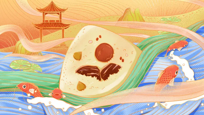 国潮风中国传统节日端午节赛龙舟粽子场景插画海报PSD设计素材