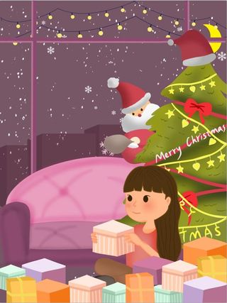 圣诞节小女孩拆礼物