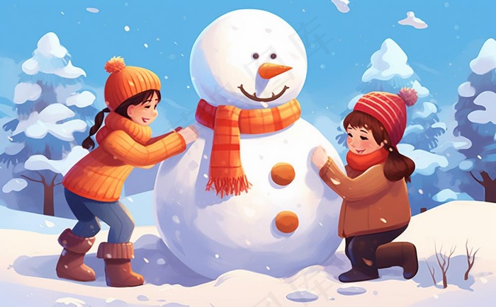 冬季下雪堆雪人孩子们儿童卡通插画背景(1392x864)