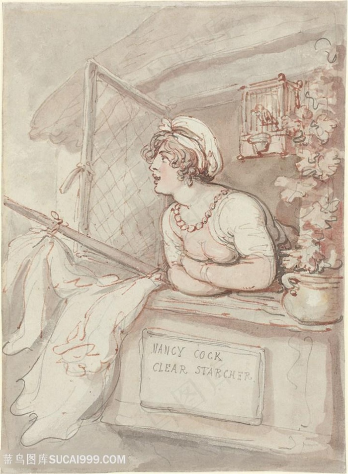窗台美女妇人水彩画装饰画手绘插画