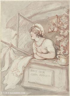 窗台美女妇人水彩画装饰画手绘插画