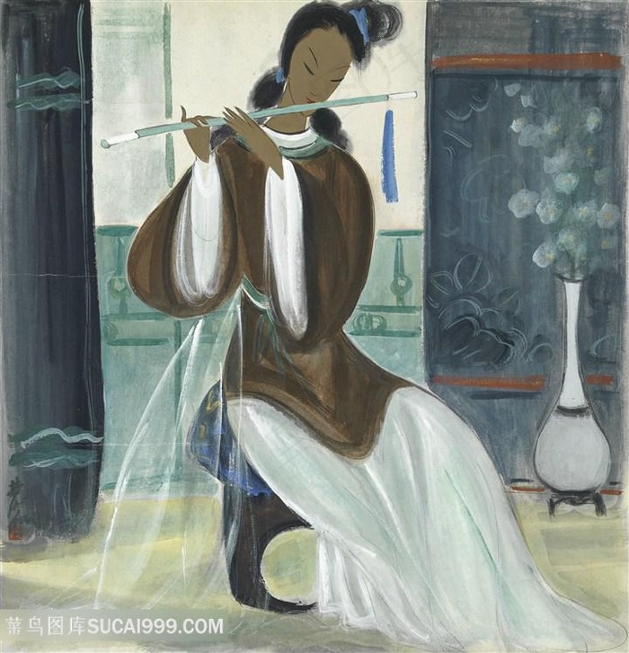 林风眠手绘吹笛子美女装饰画