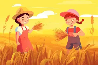 秋季丰收拿着麦穗的人金色插画背景