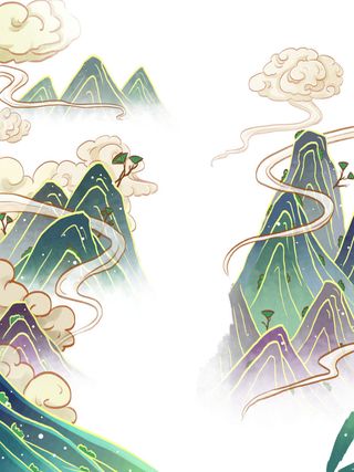 中国风国潮山水插画祥云中式手绘烫金线条元素png装饰背景PSD素材