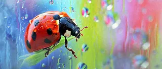 雨天雨水水珠上七星瓢虫动物爬行，彩色渐变摄影图