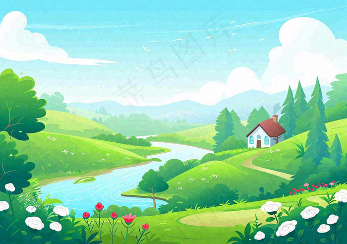 春日旅行草坪草丛花朵河流小溪野外郊游插画，春分(1296x912)