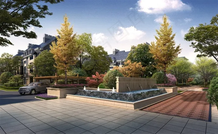 英伦风格建筑景观园林车库水景