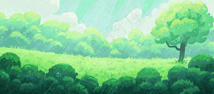 春天绿色插画手绘森林草地，白云阳光(1632x720)