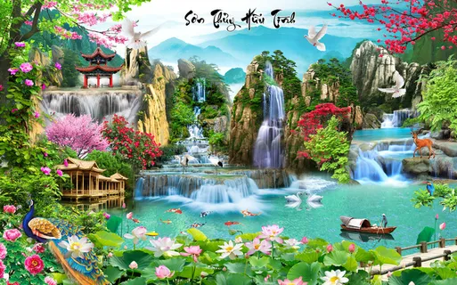 流水生财桃花荷花木房孔雀风景 流水生财桃花荷花木房孔雀风景