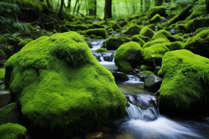 森林山间小溪青苔爬满石头摄影图(4032x2688)