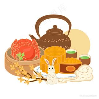 玉兔茶壶螃蟹月饼中秋摆盘元素