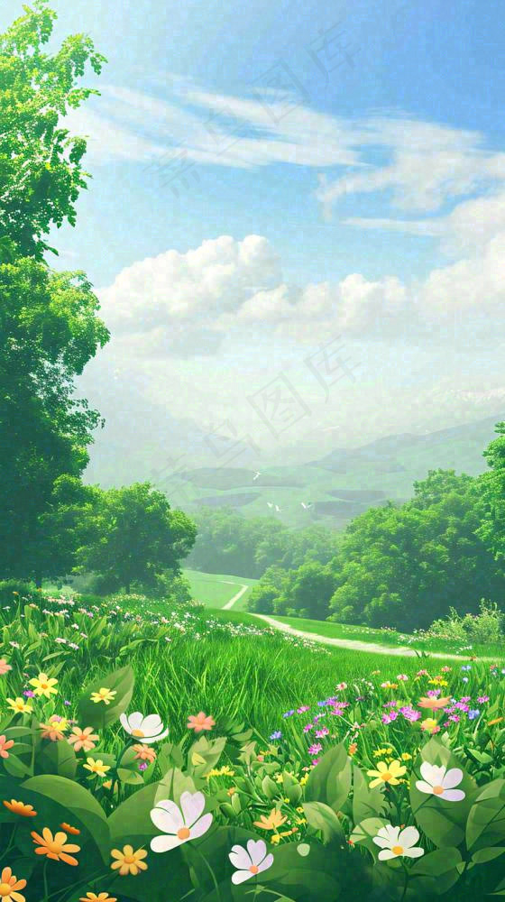 春天郊外露营旅行山脉蓝天白云草坪草地花丛，清新自然，惊蛰春分(816x1456)