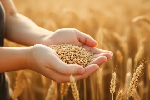 秋天丰收季手捧着粮食摄影图