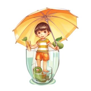 遮阳伞下坐着饮料里的人孩子免抠